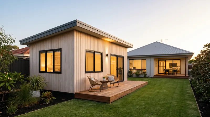 A granny flat with a small timber deck in a Perth backyard